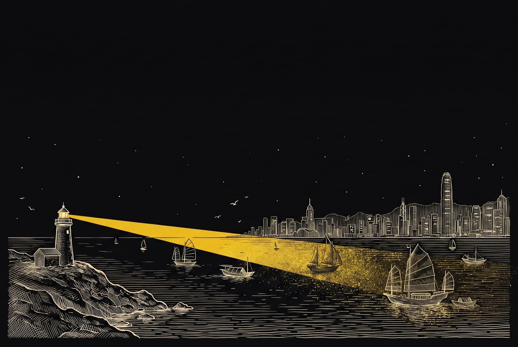 Engraving of a lighthouse sweeping a yellow beam across Victoria Harbour, lighting up small junk boats against the Hong Kong skyline