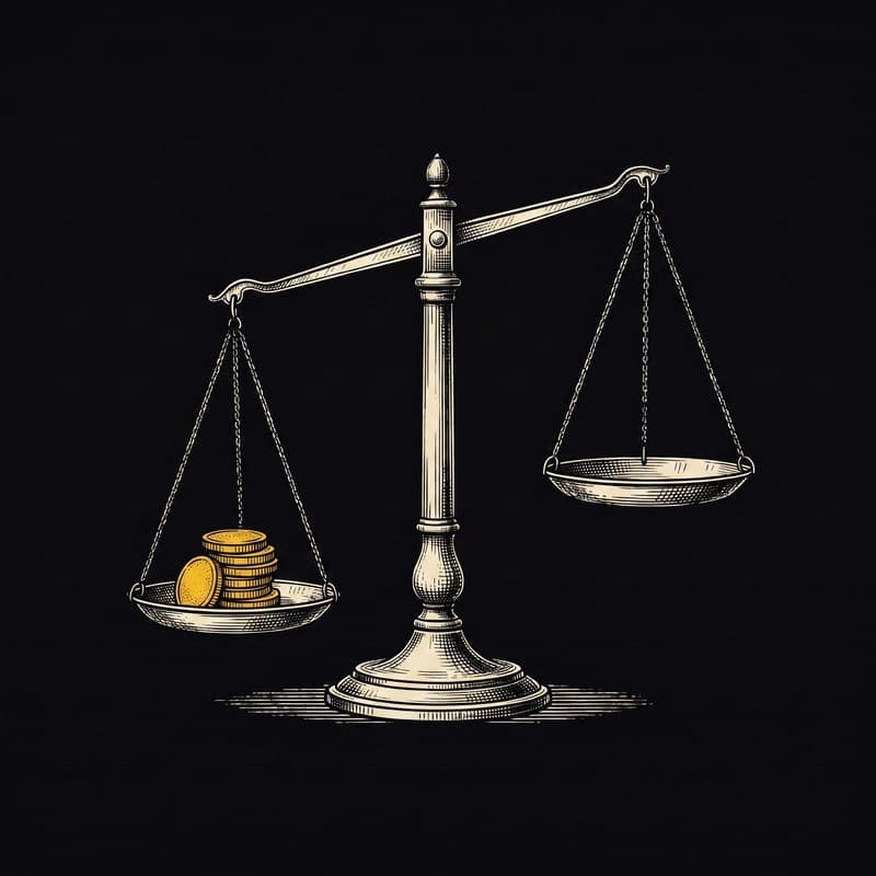 Engraving of a balance scale weighed down by a stack of gold coins