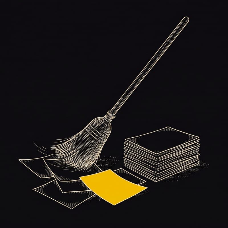 Engraving of a broom sweeping scattered papers into one tidy stack